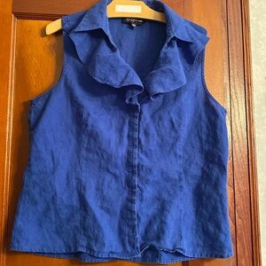 Ruffled Linen Jones NY Signature XL Royal Blue Blouse 21”W x 24”L